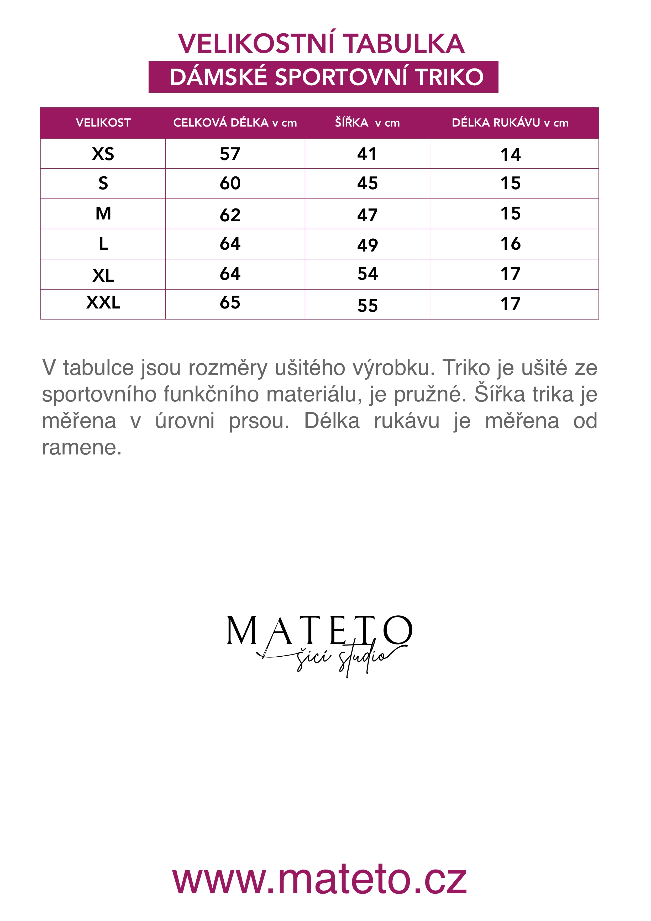 velikostní tabulka triko